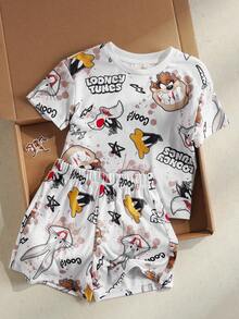 LOONEY TUNES X SHEIN Toddler Boys' Minimalist Graphic Print T-Shirt And Shorts Set - White - View 7