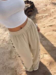 Muchica Women's Casual Seashell Print Loose Pants, Vacation Style - Apricot - View 10