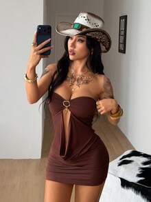 Coolane 女士春夏演唱会穿搭 Y2K 街头风休闲优雅约会之夜性感弹力抹胸无袖迷你连衣裙 - 棕色 - 查看 1