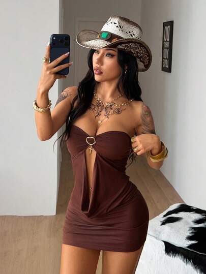 Coolane 女士春夏演唱会穿搭 Y2K 街头风休闲优雅约会之夜性感弹力抹胸无袖迷你连衣裙