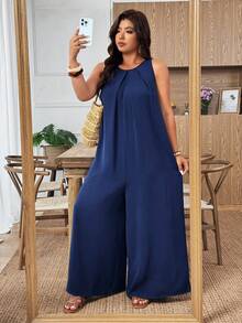 Weeklong Plus Size Casual Pleated A-Line Jumpsuit Fall - Navy Blue - View 3