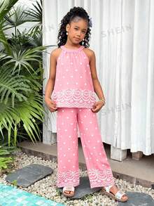 SHEIN Tween Girls' Blue Vacation Style Comfortable Halter Neck Shirt + Pants Set, Embroidery & Placement Print Bohemian Style, Suitable For Beach Holiday - Pink - View 3