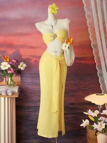 Bellisia Thời trang đi biển mùa hè 2026 dành cho nữ: Bikini, bộ đồ dệt kim, áo tắm ren gợi cảm. - Màu vàng - Xem 2