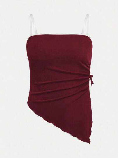 SHEIN Girlism Tween Girls' Fitted Casual Minimalist Comfortable Sleeveless Asymmetrical Hem Tank Top