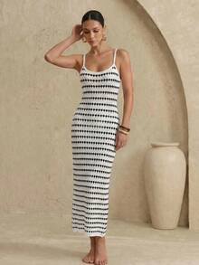 Swim Chiccia Đầm hai dây dệt kim jacquard ombre dành cho nữ, kiểu dáng Pháp cổ điển ôm sát cơ thể, thanh lịch, nhẹ nhàng, sang trọng, thích hợp cho kỳ nghỉ biển. - Đen và trắng - Xem 5