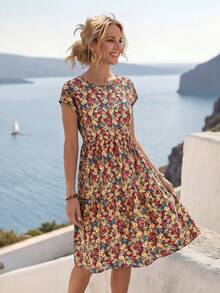 EMERY ROSE 女式夏季休闲碎花度假蝙蝠袖连衣裙 - 彩色 - 查看 5