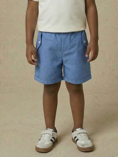 PrepCrw 1件装男童优雅都市学院风蓝白圆领短裤，适合日常休闲穿着、外出、聚会、节日庆典、春夏季节等场合。