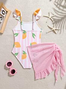 Young Girl Striped Lemon Print Flutter Sleeve One-Piece Swimsuit With Matching Skirt, Suitable For Beach Vacation, Pool Party, Beach Party - Multicolor - View 5