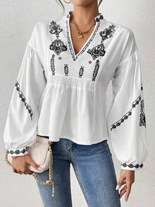 SHEIN LUNE Women's Shirred Graphic Print Long Sleeve Button Shirt Peplum Top - Black - View 3