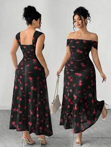 Elenzga 大码女式法式浪漫粉色玫瑰印花露肩连衣裙，大码收腰褶皱网纱连衣裙，温柔优雅修身吊带连衣裙 1XL，适合通勤、约会、度假，仙女裙 - 黑色 - 查看 1