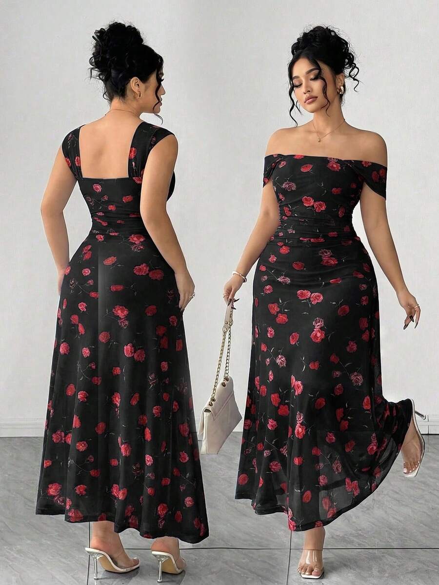 Elenzga 大码女式法式浪漫粉色玫瑰印花露肩连衣裙，大码收腰褶皱网纱连衣裙，温柔优雅修身吊带连衣裙 1XL，适合通勤、约会、度假，仙女裙 - 黑色 - 查看 1