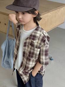 DAZY 男童时尚格子印花短袖衬衫，春夏款 - 棕色 - 查看 1