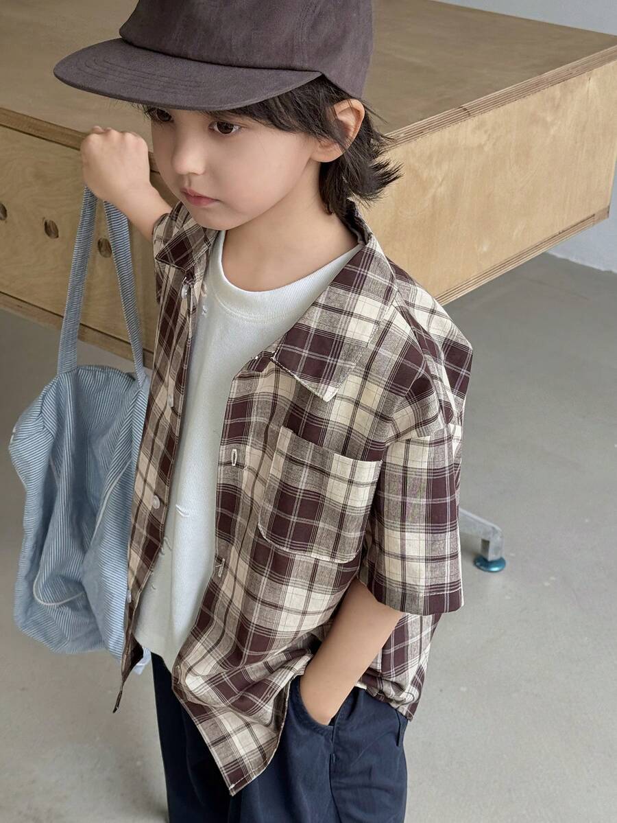 DAZY 男童时尚格子印花短袖衬衫，春夏款 - 棕色 - 查看 1