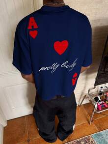 PAVTROS Men's Letter & Heart Print Casual Round Neck Short Sleeve T-Shirt, Summer - Navy Blue - View 7