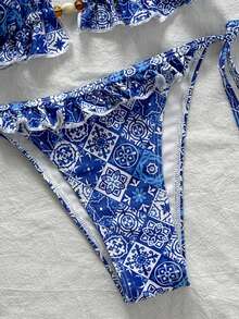 Swim Mod Swim Suits For Women Women's Summer Beach Solid Color Ruffle Trim Halter Neck Tie Two Pieces Bikini Set - Multicolor - View 4