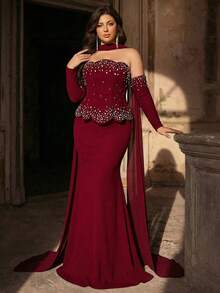 Aureia Plus Size Elegant Romantic Dark Red Open Shoulder Asymmetric Neckline Luxury Faux Pearl & Rhinestone Decor Mermaid Hem With Train Dress, Suitable For Wedding, Party, Celebration, Formal Event, Gala (Intricate Design) - Red - View 7
