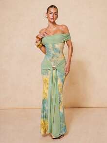 Lumalex Vestido de sirena elegante y sexy para vacaciones con diseño ajustado de cintura, hombros descubiertos y decoración de hebilla metálica, primavera/verano - Multicolor - Ver 12