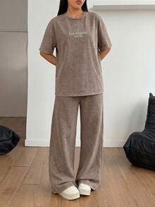 SHEIN PETITE 女士水洗棕色T恤和裤子两件套休闲套装 - 鏽棕色 - 查看 7