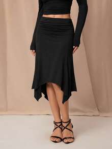 SHEIN PETITE 女士优雅休闲不对称褶皱棕色半身裙，春夏黑色半身裙 - 黑色 - 查看 3