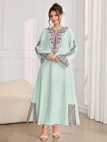 SHEIN Najma 浪漫定位印花加固电脑串珠工艺女士浪漫奢华连衣裙 - 薄荷綠 - 查看 6