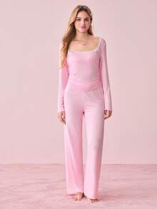 SHEIN 两件套女士方领蝴蝶结INS风睡衣套装，舒适优雅细节，秋冬服装 - 藕粉色 - 查看 5