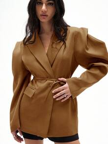 GENKIRA Áo blazer dáng rộng, thoải mái, đa năng, phù hợp đi làm, vai rộng, có dây rút trang trí, màu trơn. - màu nâu - Xem 5