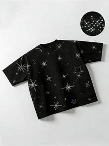 ROMWE MEN 2026春夏新款男士休闲时尚水钻装饰短袖T恤，男女通用情侣圆领T恤 - 黑色 - 查看 5