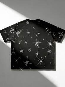 ROMWE MEN 2026春夏新款男士休闲时尚水钻装饰短袖T恤，男女通用情侣圆领T恤 - 黑色 - 查看 6