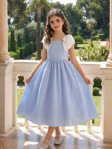 SHEIN 女童蓝色单朵花图案纹理面料肩带拼接白色蝴蝶结装饰连衣裙，时尚 - 藍色 - 查看 6