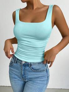 Elenzga Camiseta ajustada de cuello cuadrado de unicolor para mujer de talla grande - Azul - Ver 5
