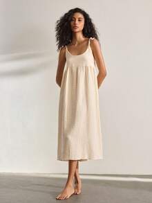 Ocili 女士多层吊带系腰休闲宽松连衣裙 - 杏色 - 查看 5