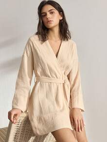 Ocili 女士纯色睡袍，带腰带，睡衣 - 杏色 - 查看 2