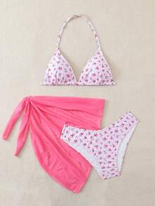 SHEIN Teen Girls 3 Pieces Pink Ditsy Floral Bikini Sets With Sarong Beach Cover-Up,Tie-Knot Bottoms & Skirt,Summer Holiday Bathing Suit Girl's Swimwear - Pink - View 2