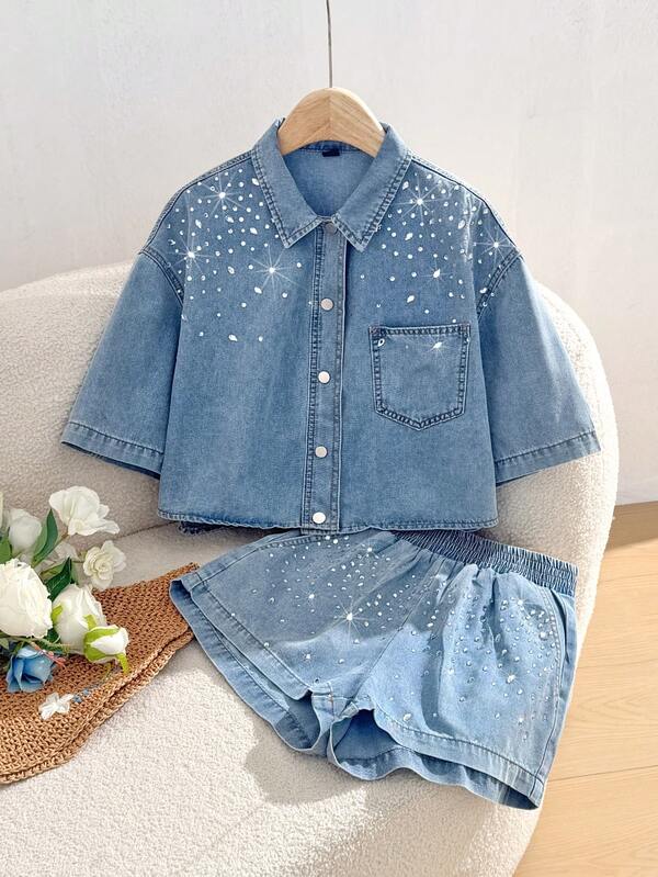 Comfortcana طقم قصير الأكمام وشورت جينز مزين بالكريستال، لارتداء اليومي بلون أحادي بسيط للنساء