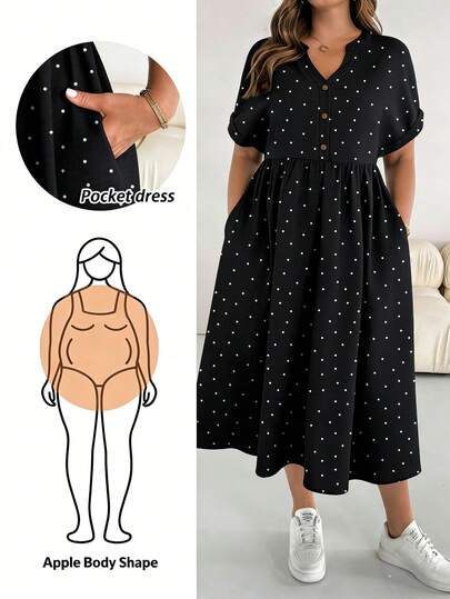 SHEIN Essnce Casual & Elegant Minimalist White Polka Dot Print Plus Size Women's Short Sleeve Dress, Suitable For Spring/Summer Black Casual Dress