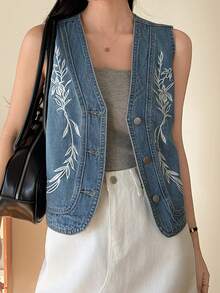 DAZY Women's V-Neck Sleeveless Embroidered Elegant Denim Vest, Vacation Style - Light Wash - View 1