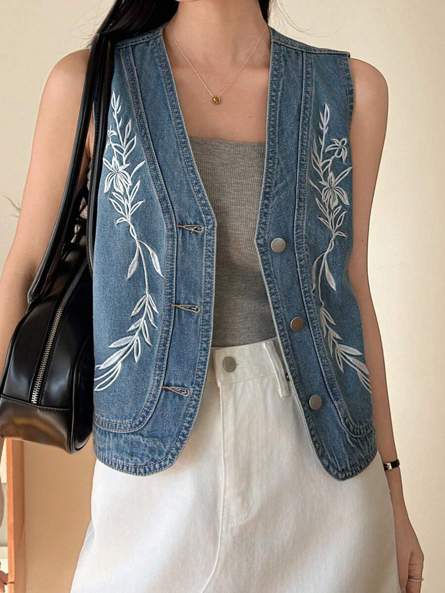 DAZY Women's V-Neck Sleeveless Embroidered Elegant Denim Vest, Vacation Style - Light Wash - View 1