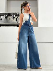 EURMUSE High Waist One Suspender Medium Wash Overall - Medium Wash - View 7