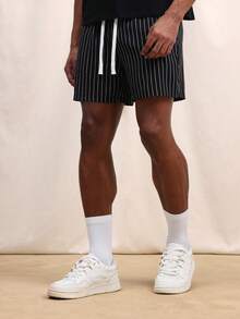 SUMWON Men Vertical Pinstripe Drawstring Elastic Waist Summer Casual Shorts With Side Pockets Above Knee Length - Black - View 4