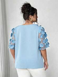 Elenzga Áo kiểu nữ cỡ lớn, tay phồng, phối lưới, màu trơn, cổ chữ V, viền bèo nhún, thích hợp cho mùa hè. - Màu xanh lam - Xem 2