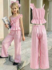 SHEIN Tween Girls Striped Cap Sleeve Casual Tank Top Set, Summer - Pink - View 2