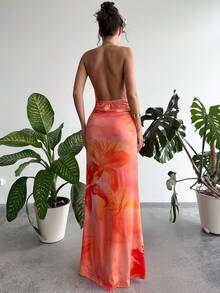 RiviMae Women's Halter Neck Cami Draped Maxi Dress Orange Plants Pattern Slit Hem - Orange - View 3