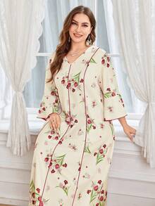 SHEIN Najma Đầm casual cổ chữ V in hoa dành cho nữ cỡ lớn, thích hợp dự tiệc và đi chơi. - Màu Đỏ Sâu - Xem 4
