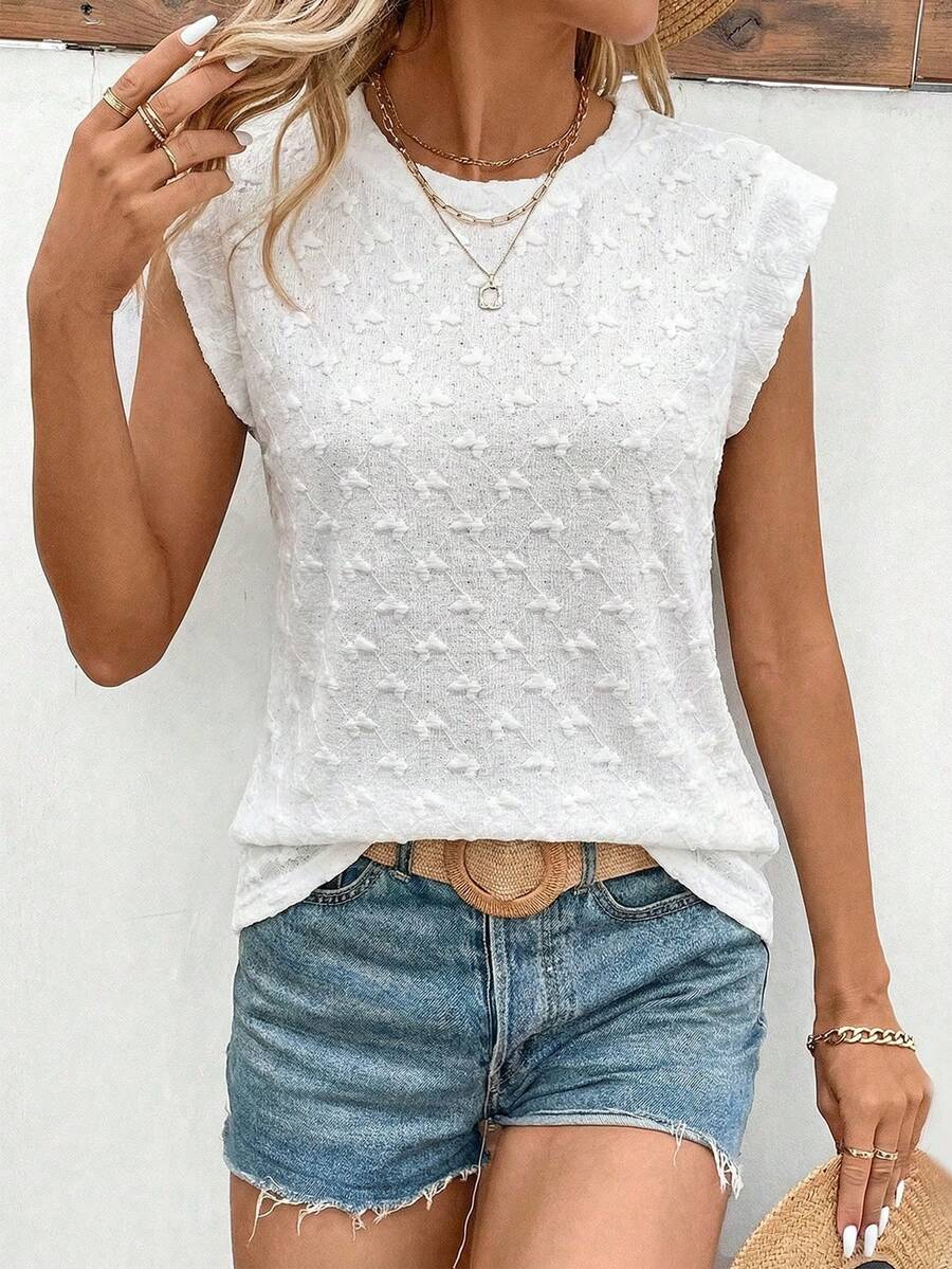 Spring/Summer Fashion Elegant Commuter Versatile White Knit Textured Butterfly Jacquard Round Neck Cap Sleeve T-Shirt - White - View 1