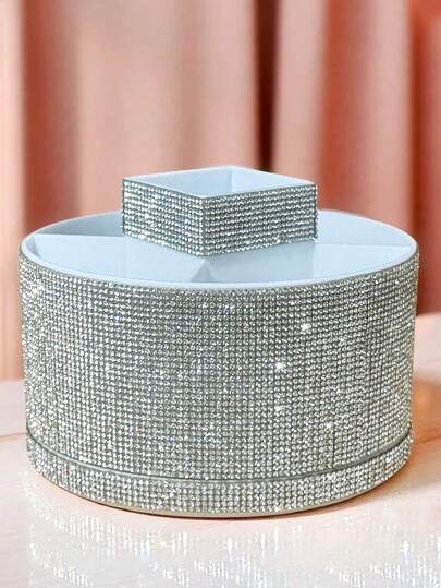 Hộp đựng đồ trang điểm xoay 360° đính đá lấp lánh, dung tích lớn, bề mặt đính đá nhiều màu sắc, kiểu dáng sang trọng lấp lánh, hình trụ lục giác, các cạnh được gia công tinh tế, thích hợp để trang trí bàn trang điểm trong phòng ngủ, bàn trang điểm, v.v., quà tặng cho nữ, quà Giáng sinh, ý tưởng quà tặng cho nữ, trang trí phòng.