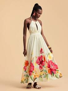 Travachic 女士碎花束腰露背无袖连衣裙，适合春夏度假 - 杏色 - 查看 4