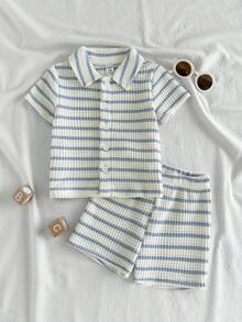 SHEIN Vintaside Kids 男女宝宝通用新生儿至1岁套装，杏色短袖上衣和短裤套装，质感面料，适合宝宝夏季外出穿着，为服装增添质感和品质 - 彩色 - 查看 1