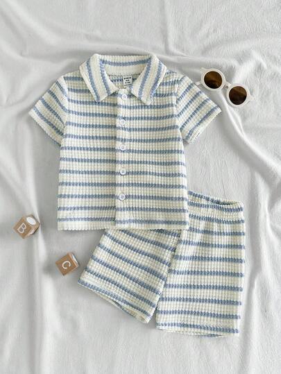 SHEIN Vintaside Kids 男女宝宝通用新生儿至1岁套装，杏色短袖上衣和短裤套装，质感面料，适合宝宝夏季外出穿着，为服装增添质感和品质