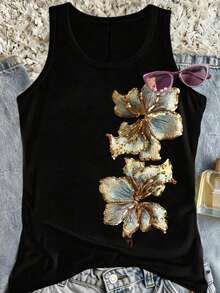 EMERY ROSE 2026 Camiseta de tirantes elegante con estampado floral retro para mujer, estilo Y2K - Negro - Ver 3