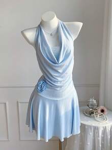 Comfortcana Women's Baby Blue Plunging Neck Contrast Lace Mini Dress,Summer Elegant Tea Party Wedding Guest Gown,Special Occasion Graduation Vacation Outfits - Blue - View 5